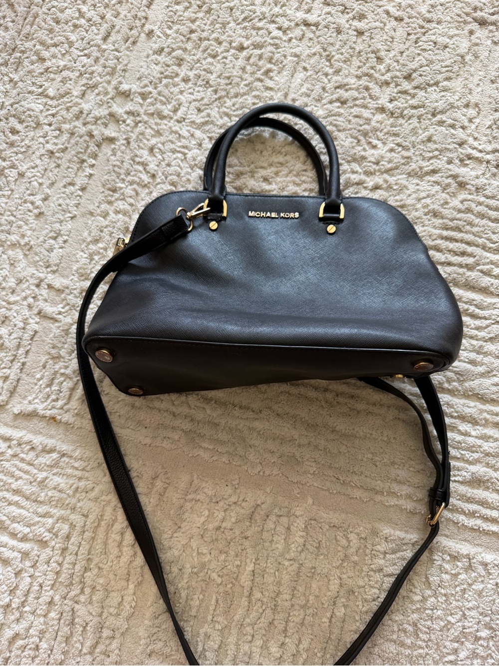 Michael Kors Black Leather Satchel with Gold Hardware and Crossbody Strap
